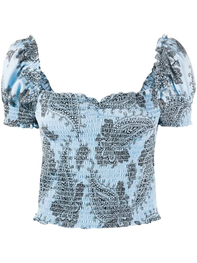 Sandro Beleen Shirred Paisley-print Twill Top In Blue