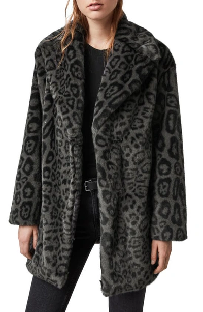 Allsaints Amice Leopard Print Faux Fur Coat In Gray/black