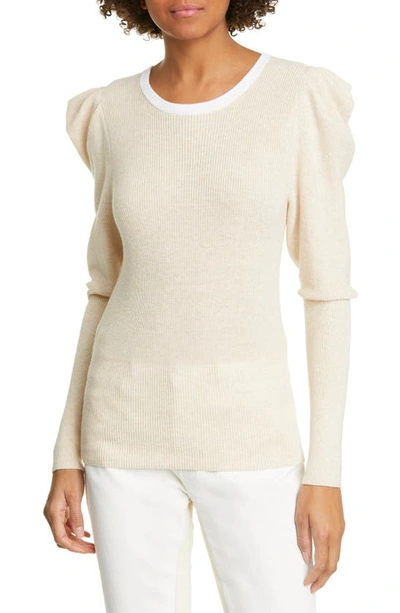 Frame Puff Shoulder Cotton & Cashmere Sweater In Oatmeal Heather