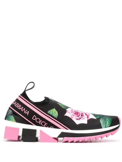 Dolce & Gabbana Tropical Rose Print Sorrento Sneakers In Black,pink,green