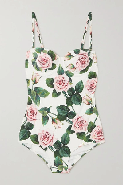 Dolce & Gabbana Cutout Floral-print Underwired Swimsuit In White Rose Print