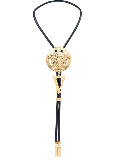 Versace Leather Necklace In Nero Oro Caldo