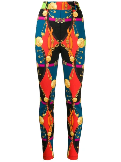 Versace Multicolored Baroque Print Leggings In Blue