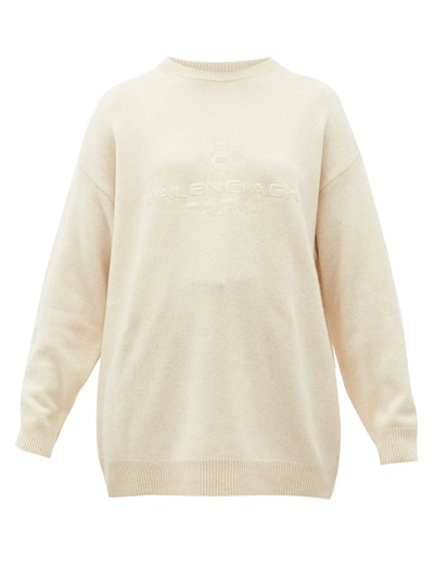 Balenciaga Oversize Logo Embroidered Cashmere Jumper In Neutrals