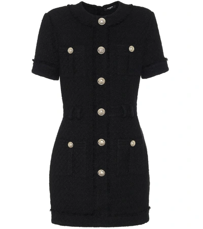 Balmain Button-embellished Cotton-blend Tweed Mini Dress In Black