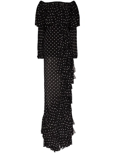 Balmain Off-the-shoulder Ruffled Polka-dot Silk-chiffon Maxi Dress In Black