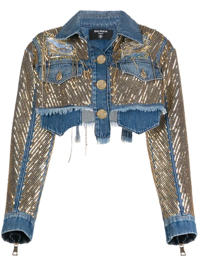 Balmain Cropped Embellished Distressed Denim Jacket In Blue
