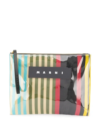 Marni Glossy Grip Clutch In Striped Polyamide Yellow Green And Turquoise In Multicolor