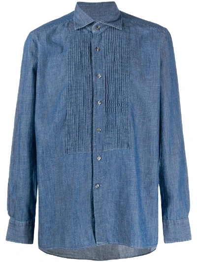Tagliatore Soho Pleated-bib Denim Shirt In Blue
