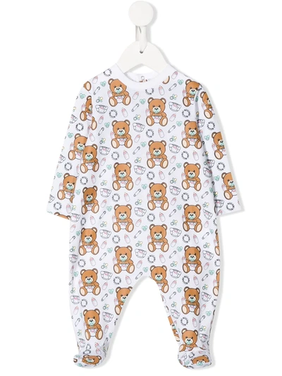 Moschino Babies' Logo Bear Print Long-sleeve Pyjamas In White