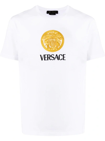 Versace Logo Embroidery Cotton T-shirt In White
