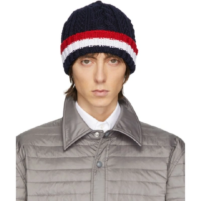 Thom Browne Navy Merino Aran Cable Rwb Hat In 415 Navy