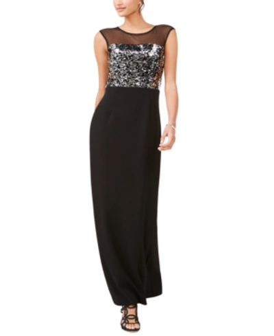 Vince Camuto Sequin & Mesh Bodice Column Gown In Black