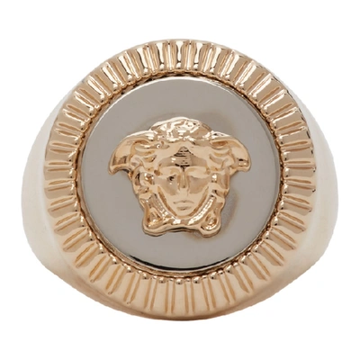 Versace Gold And Silver Medusa Ring  In Dpoc Silver