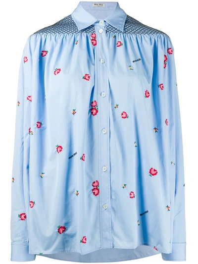 Miu Miu Floral-embroidered Smocked Shirt In Light Blue