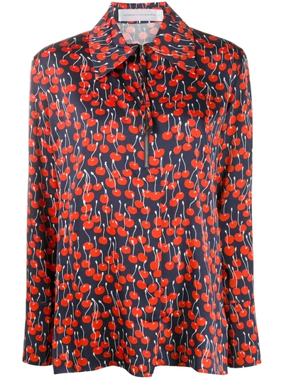 Victoria Victoria Beckham Cherry-print Half-zip Blouse In Blue