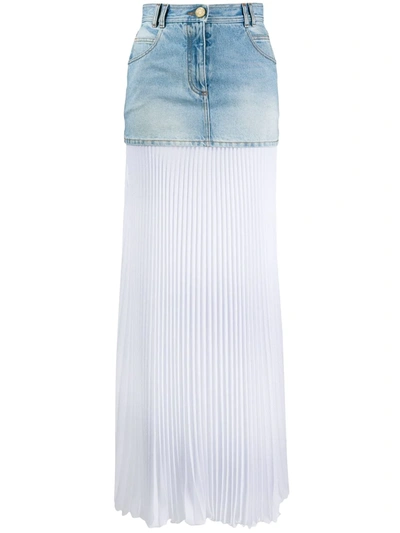 Balmain Bi-material Pleated Denim Skirt In White