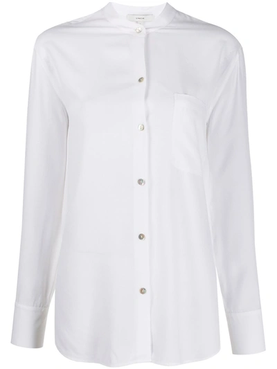 Vince Shirred Band Collar Silk Blouse In White/black