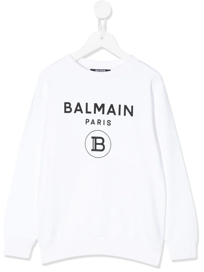 Balmain Kids' Long Sleeve Printed Logo Sweater In White