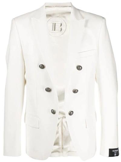 Balmain Logo Tag Cotton Blazer In White