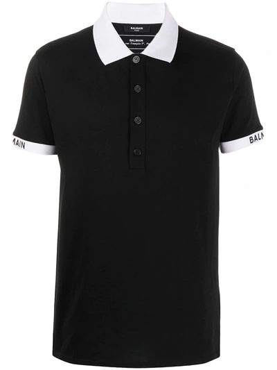 Balmain Logo Rib Cotton Jersey Polo Shirt In Black