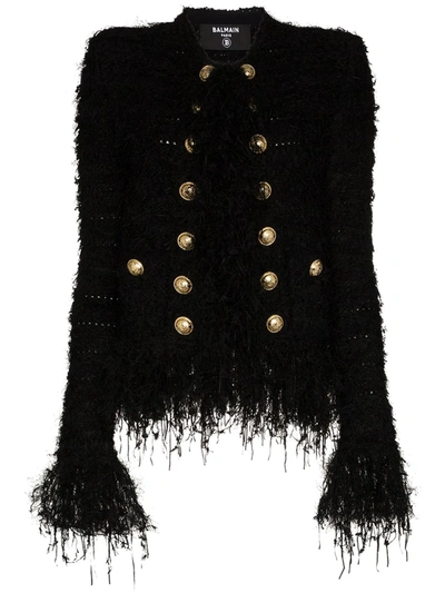 Balmain Cropped Tweed Jacket W/fringe Details In Black