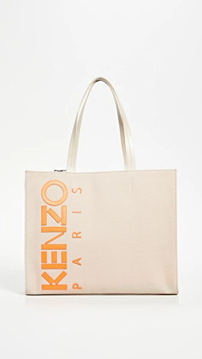 Kenzo Leather Logo Patched Cotton Canvas Tote In Taupe