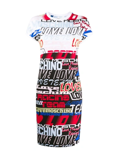 Love Moschino Cotton Dress With All Over Logo Prints In Multicolor