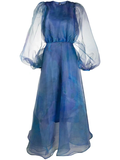 Beaufille Watercolor Print Long Sleeve Organza Gown In Blue