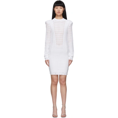 Balmain Sheer Stripe Long Sleeve Sweater Minidress In 0fa White