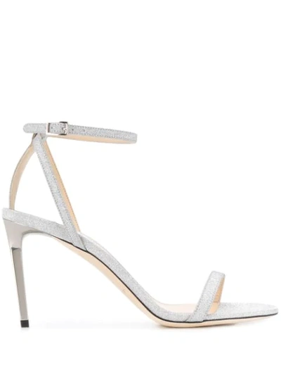 Jimmy Choo Minny 85mm Glitter-embellished Sandals In Silver