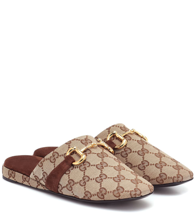 Gucci Pericles Gg-canvas Horsebit Slippers In Beige