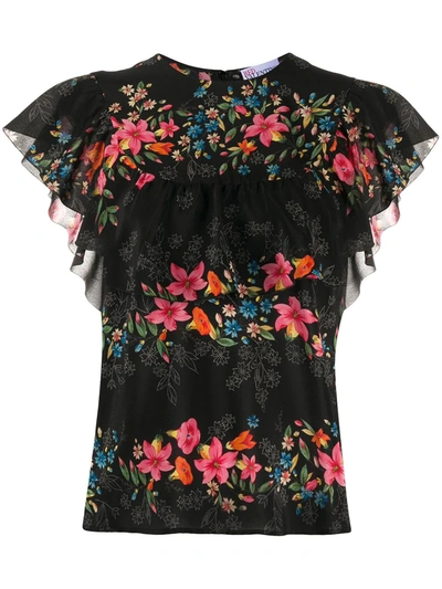 Red Valentino Silk Flower Print Top In Black