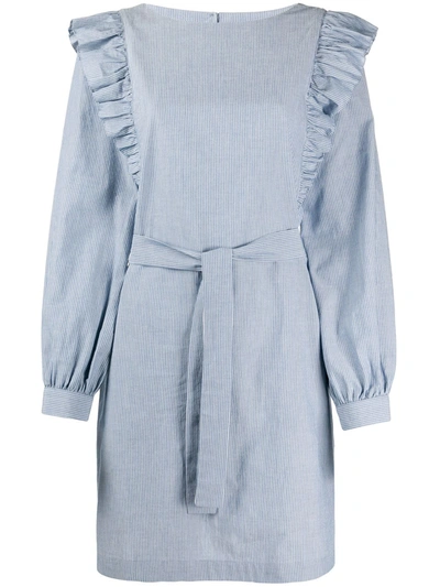 Apc Ruffled Shoulder Striped Dress In Light Blue