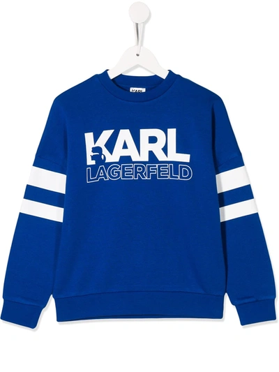 Karl Lagerfeld Kids' Logo Print Striped Sleeve Sweatshirt In Blue