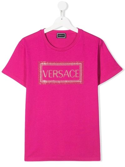 Young Versace Teen Embellished Logo T-shirt In Pink