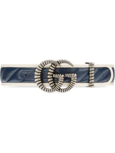 Gucci Gg Marmont Diagonal Quilted Leather Belt W/ Torchon Double G Buckle In Blue