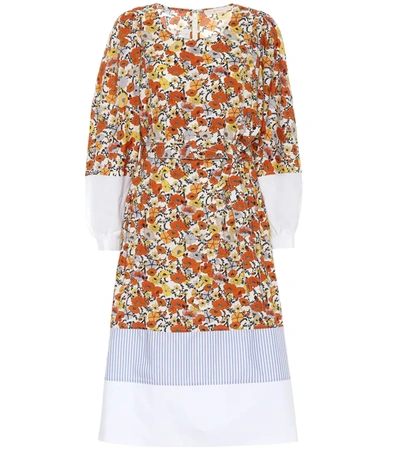 Tory Burch Floral-print Border-trim Jewel-neck Cotton Dress In Ivory Blossom Ditsy