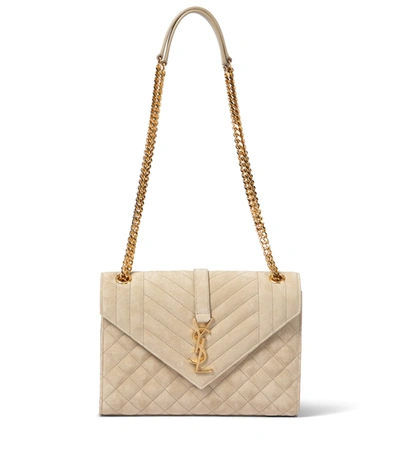 Saint Laurent Triquilt Medium Ysl Monogram Suede V Flap Shoulder Bag In 9607 Beige