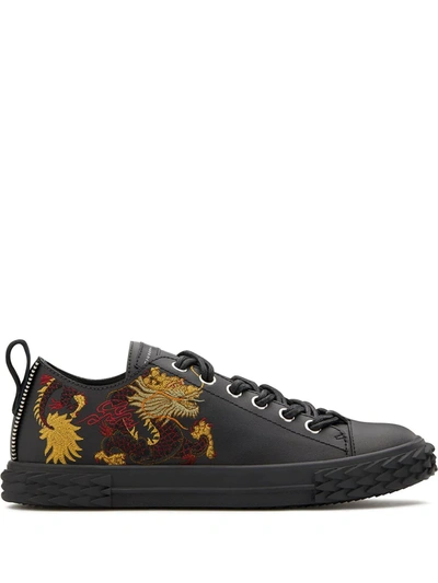 Giuseppe Zanotti Men's Blabber Dragon-embroidered Leather Sneakers In Black