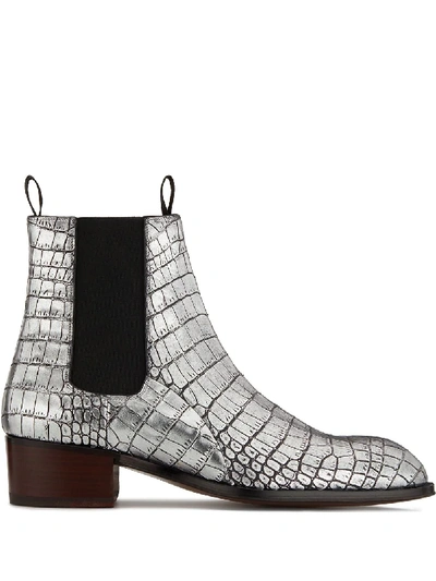 Giuseppe Zanotti Men's Croc-embossed Leather Chelsea Boots In Silver