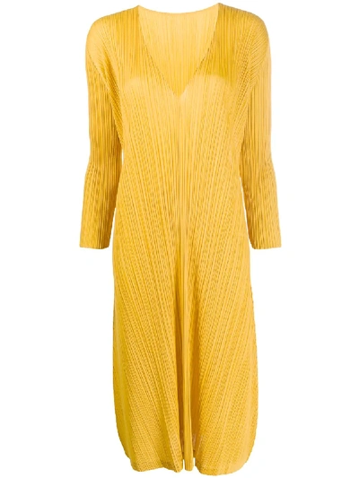 Issey Miyake Pleated Long-sleeved Plissé Midi Dress In Yellow