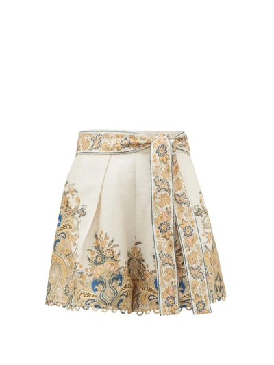 Zimmermann Freja Paisley-print Scalloped-hem Linen Shorts In Multi