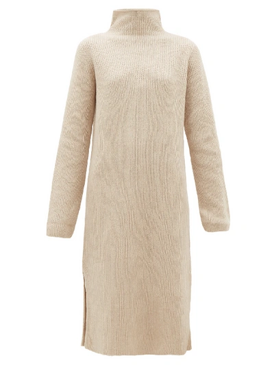 The Row Funnel-neck Ribbed Wool-blend Sweater Dress In Beige