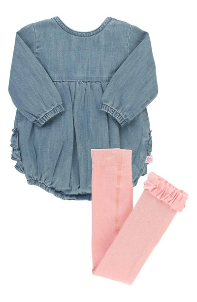 Rufflebutts Babies' Girl's Light Wash Denim Romper W/ Knit Tights In Blue