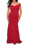 La Femme Plus Size Off-the-shoulder Jersey Bodycon Gown In Red