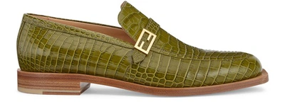 Fendi Crocodile Effect Ff Buckle Loafers In Green