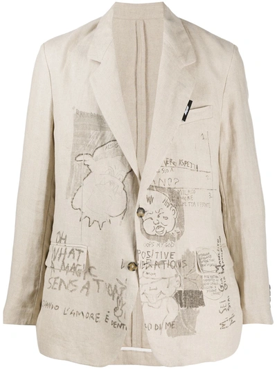 Msgm Single-breasted Sketch-print Blazer In Neutrals