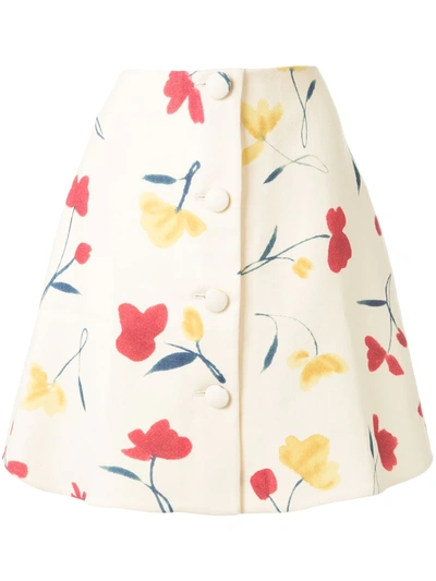 Oscar De La Renta Button-embellished Floral-print Wool-twill Mini Skirt In White
