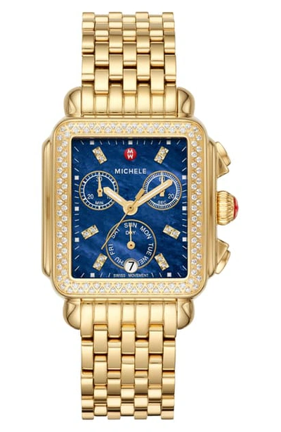 Michele Deco Pave Diamond Dial Chronograph Watch Head & Bracelet, 33mm X 35mm In Gold/ Deep Blue Mop